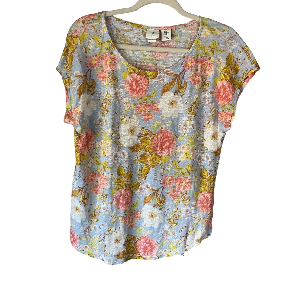 Joie Women Blue Floral 100% Linen Short Sleeve Scoop Neck Top XL